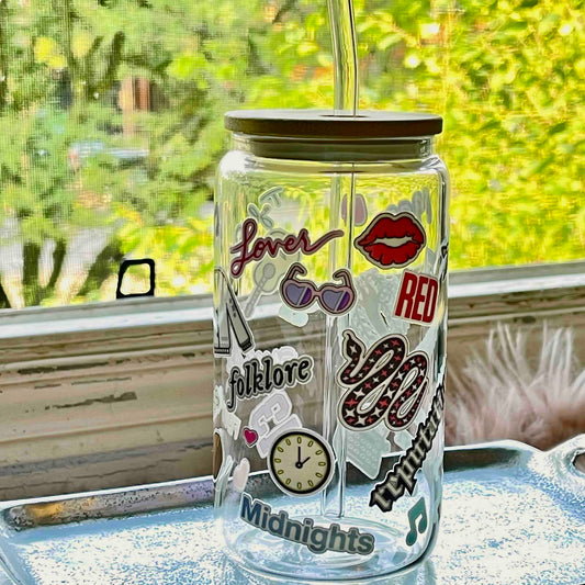 Taylor Swift Album Glass Tumbler 16oz | Bamboo Lid Glass Straw