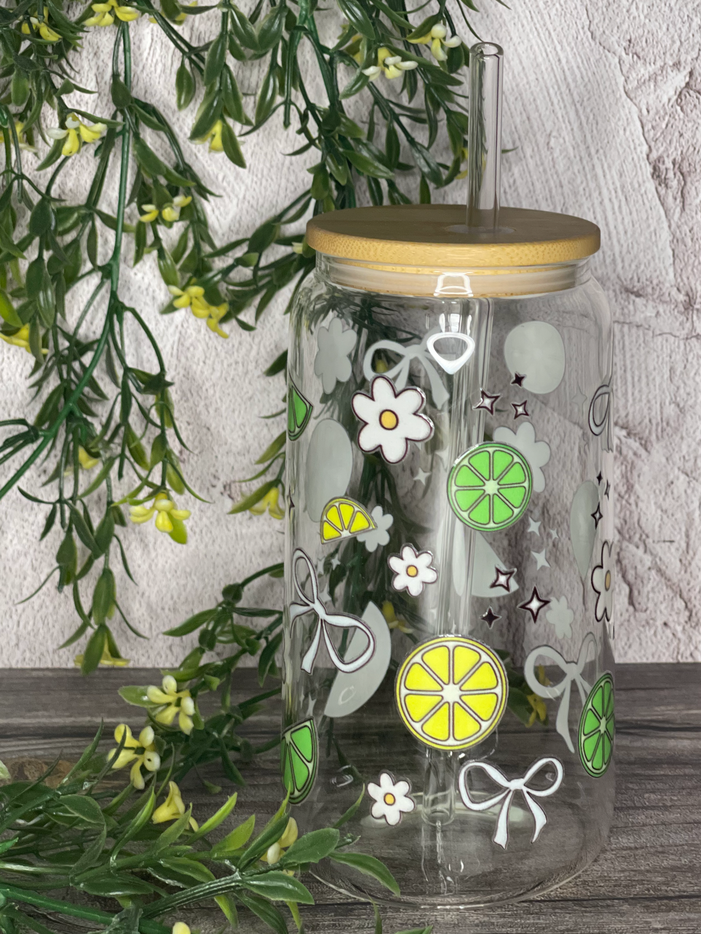 Quirky Glass Tumbler with Bamboo Lid & Eco-Friendly Glass Straw