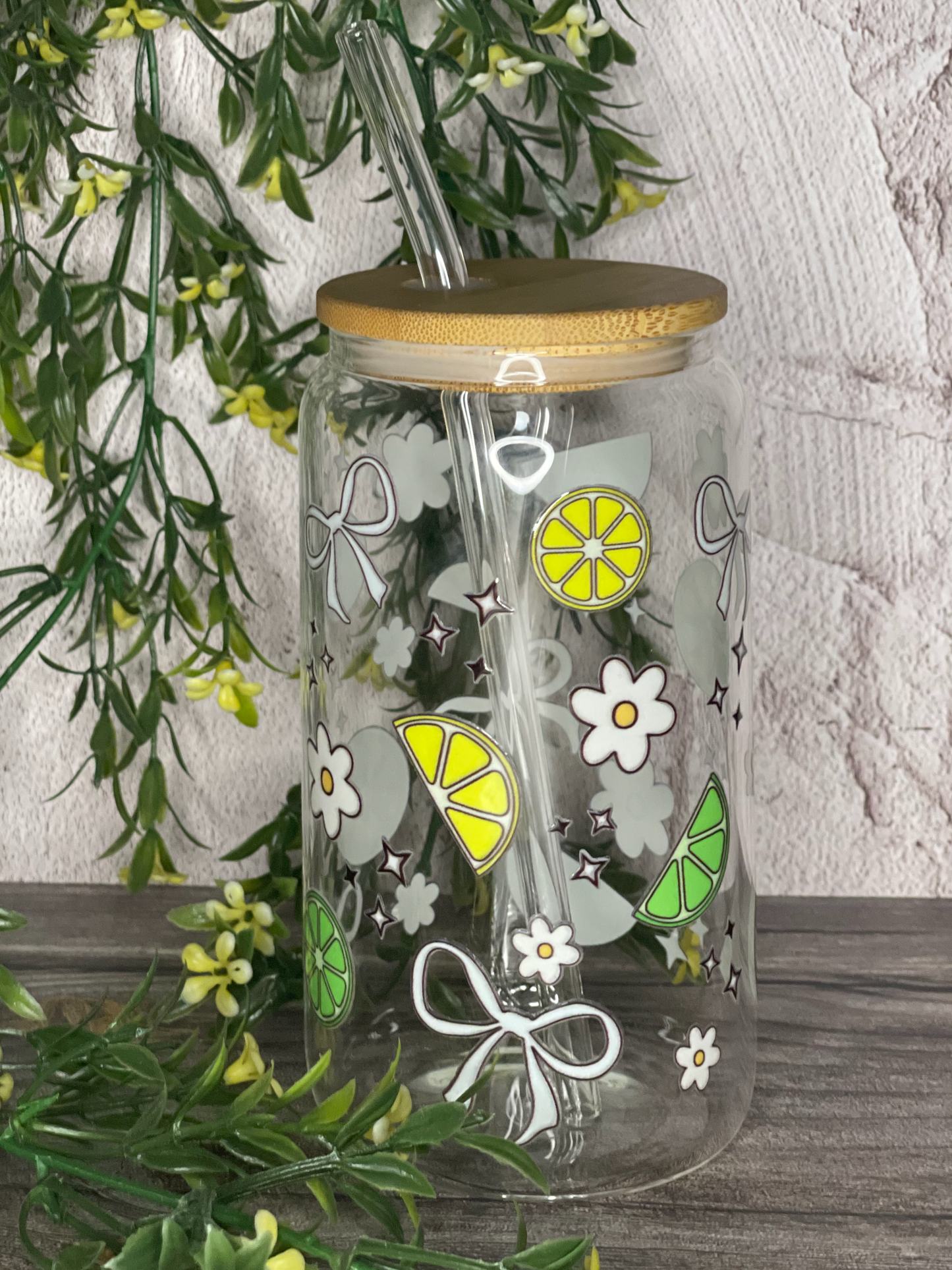 Quirky Glass Tumbler with Bamboo Lid & Eco-Friendly Glass Straw