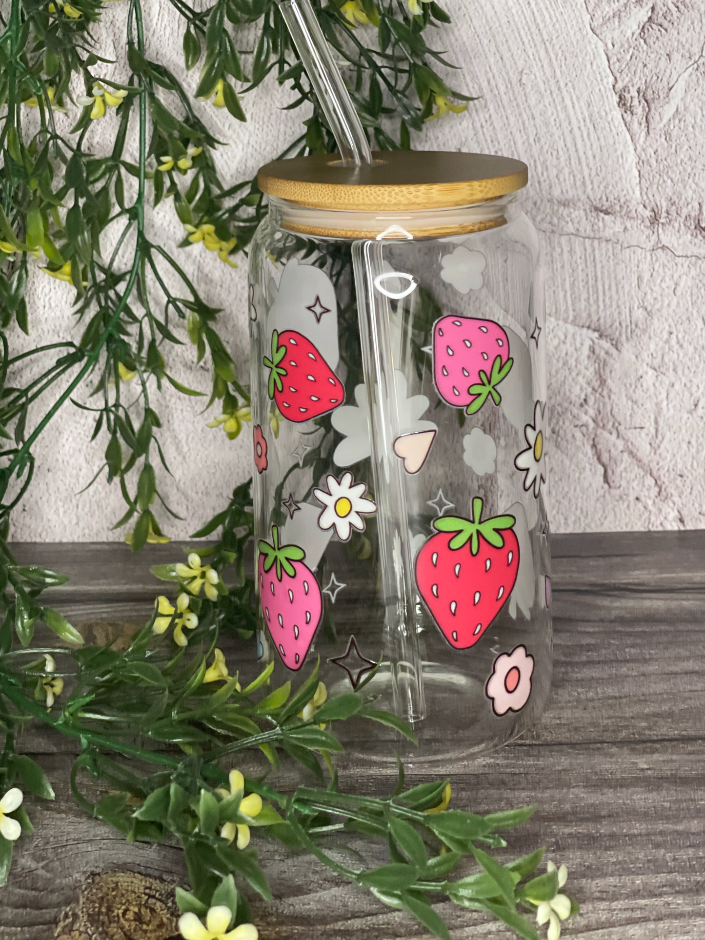 Quirky Glass Tumbler with Bamboo Lid & Eco-Friendly Glass Straw