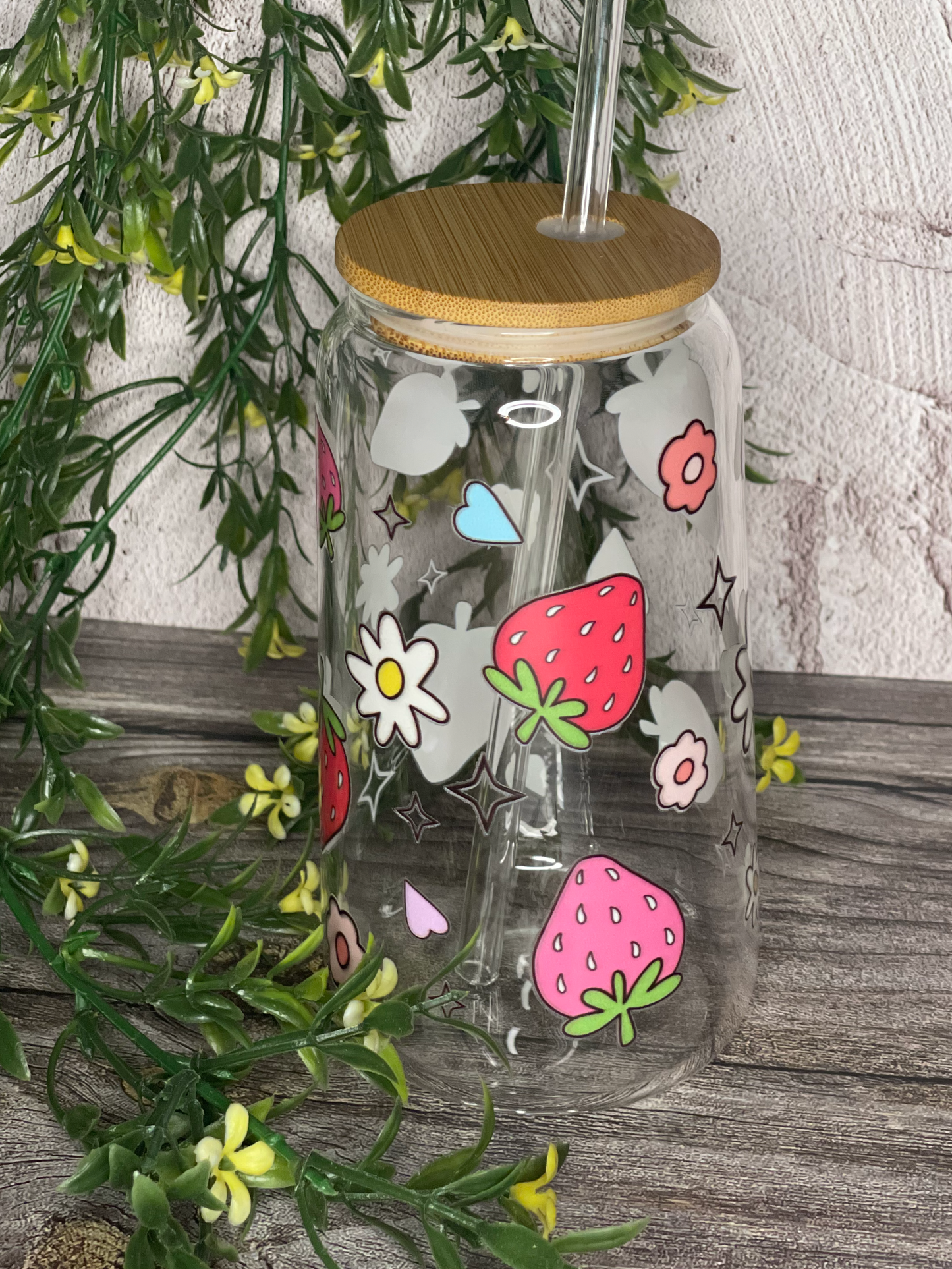 Quirky Glass Tumbler with Bamboo Lid & Eco-Friendly Glass Straw