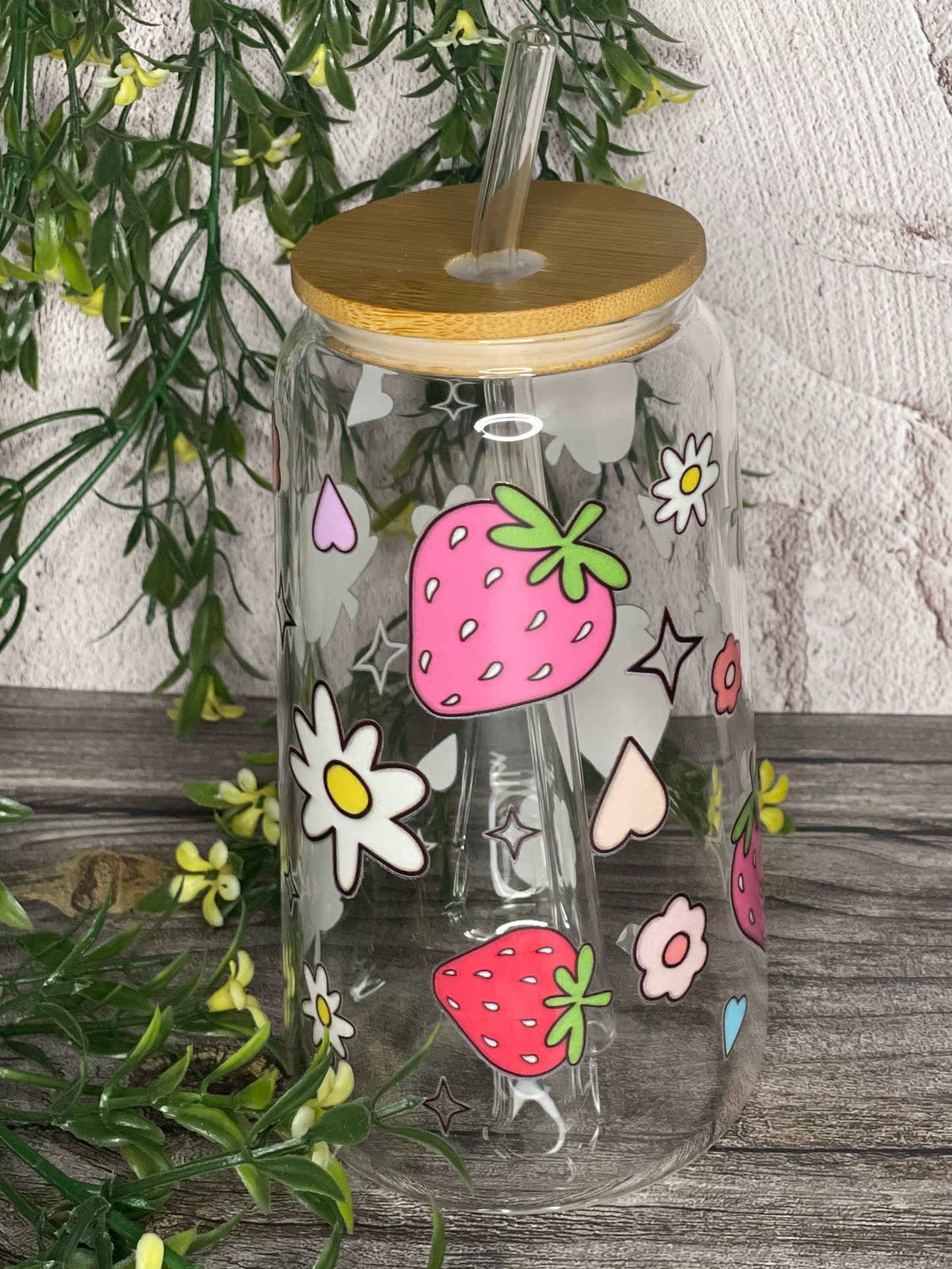 Quirky Glass Tumbler with Bamboo Lid & Eco-Friendly Glass Straw