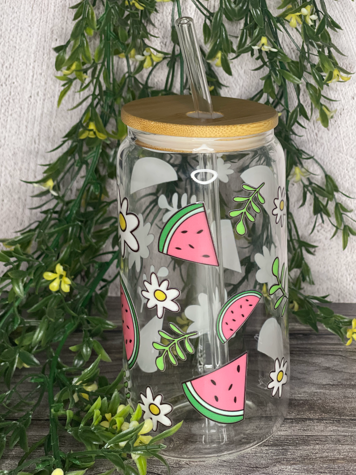 Quirky Glass Tumbler with Bamboo Lid & Eco-Friendly Glass Straw