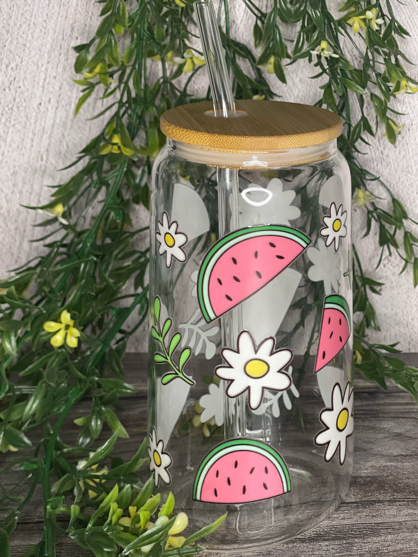 Quirky Glass Tumbler with Bamboo Lid & Eco-Friendly Glass Straw