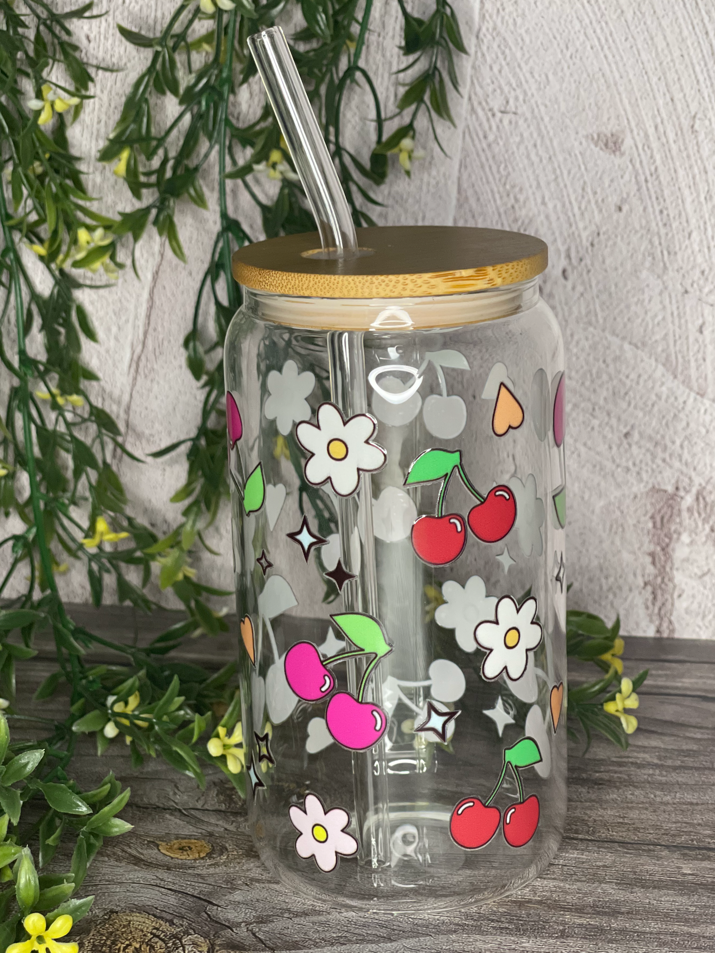 Quirky Glass Tumbler with Bamboo Lid & Eco-Friendly Glass Straw