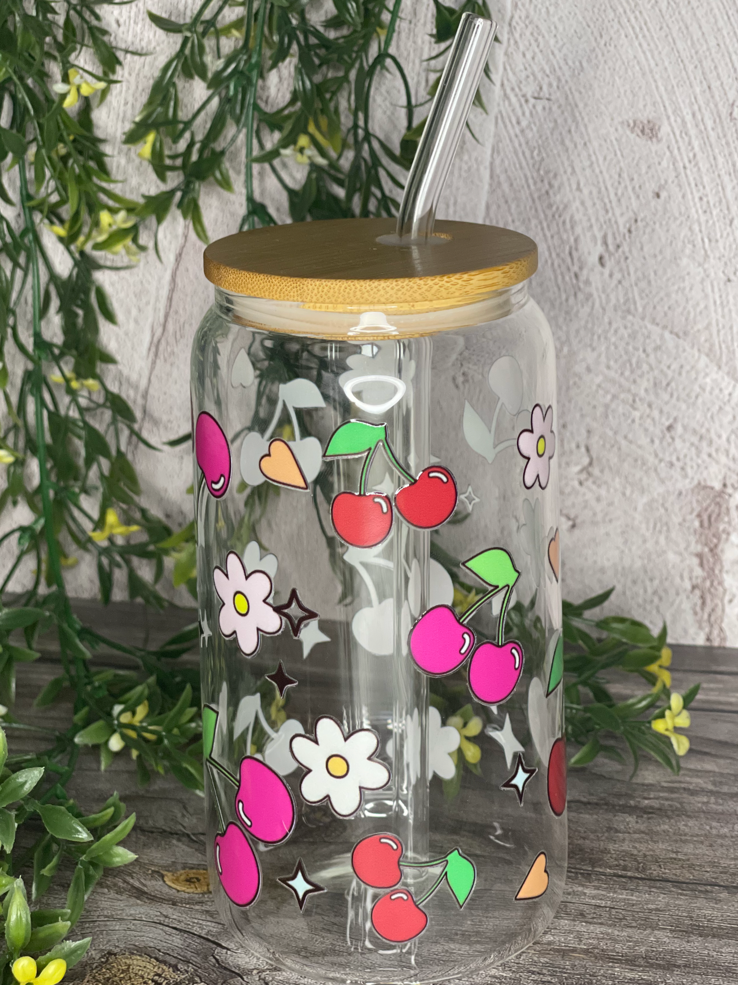 Quirky Glass Tumbler with Bamboo Lid & Eco-Friendly Glass Straw