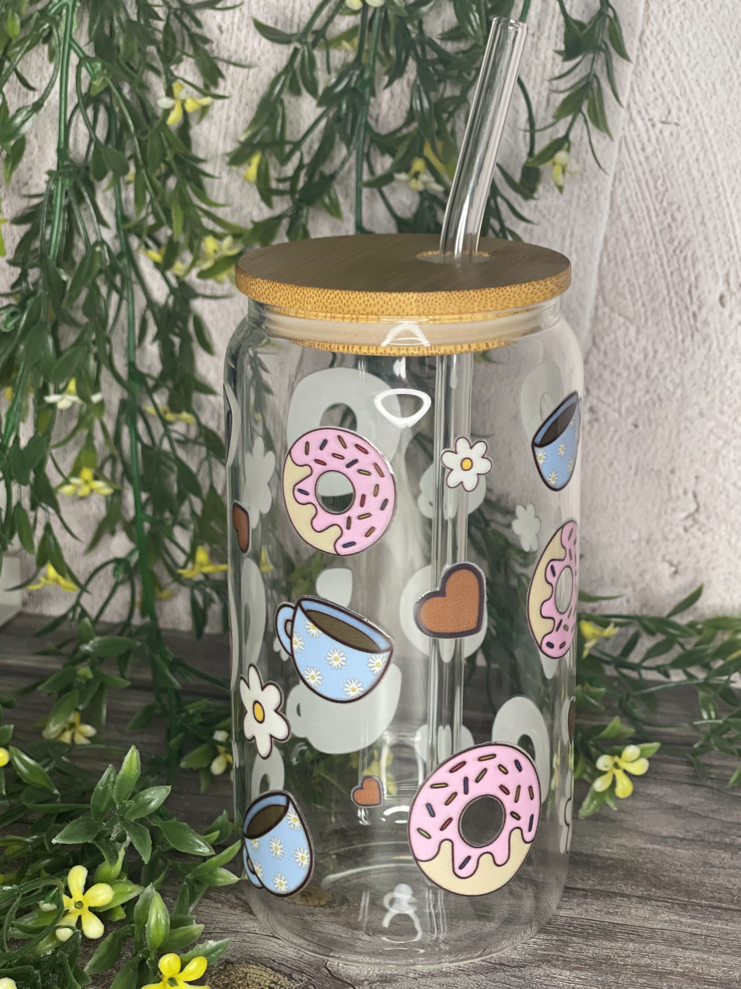 Quirky Glass Tumbler with Bamboo Lid & Eco-Friendly Glass Straw