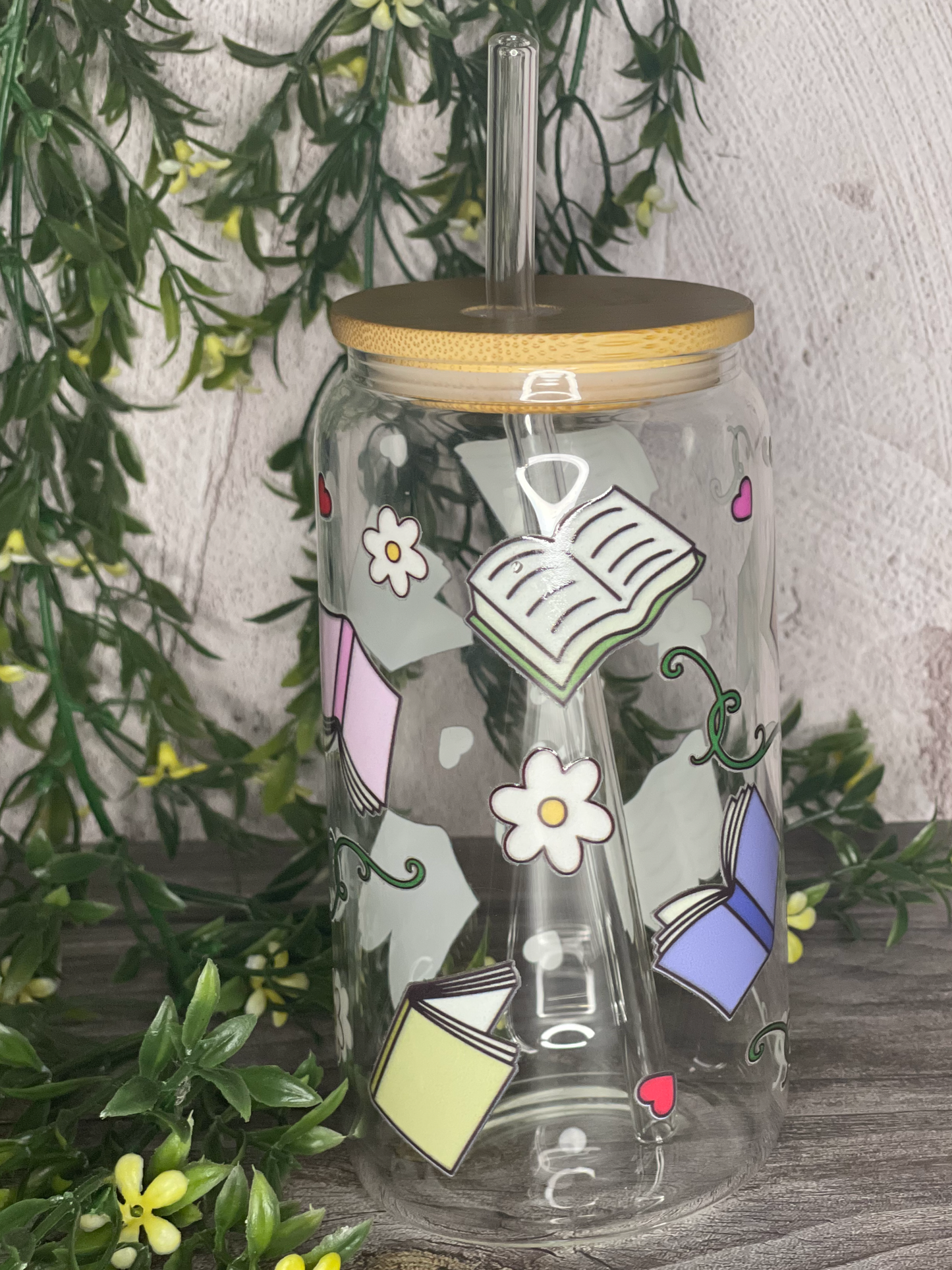 Quirky Glass Tumbler with Bamboo Lid & Eco-Friendly Glass Straw