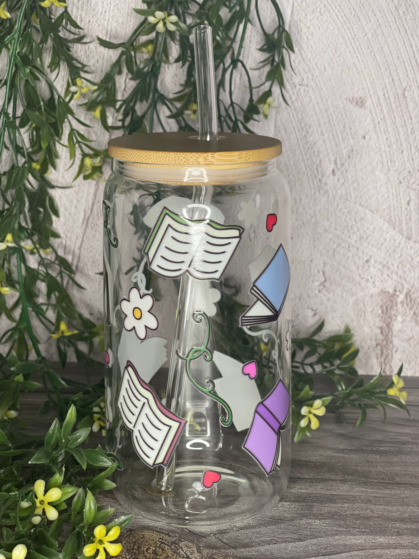 Quirky Glass Tumbler with Bamboo Lid & Eco-Friendly Glass Straw