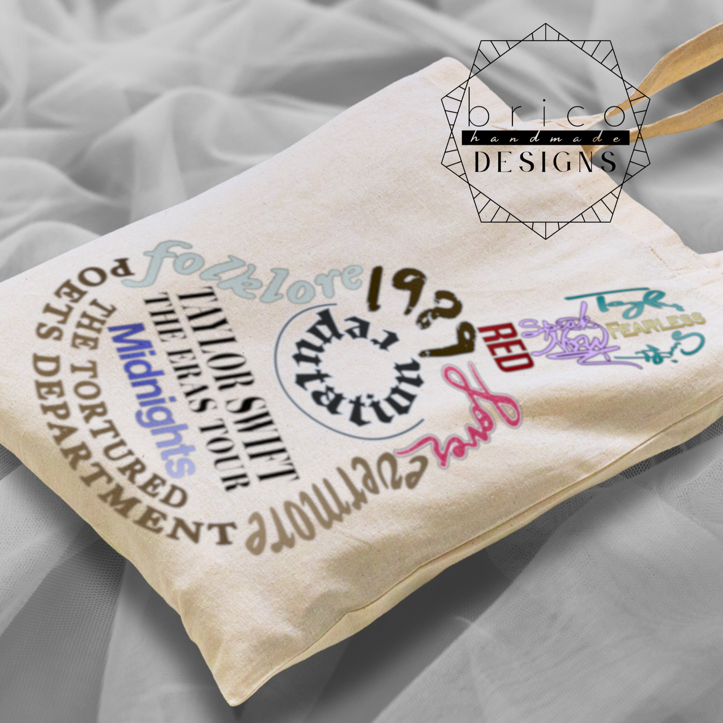 Taylor Swift Eras Tour Tote Bag – Album Titles in Shape of a Guitar Design