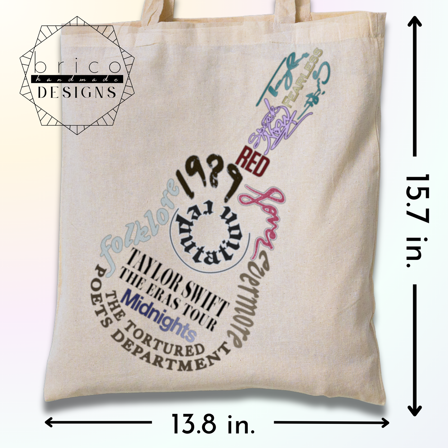 Taylor Swift Eras Tour Tote Bag – Album Titles in Shape of a Guitar Design