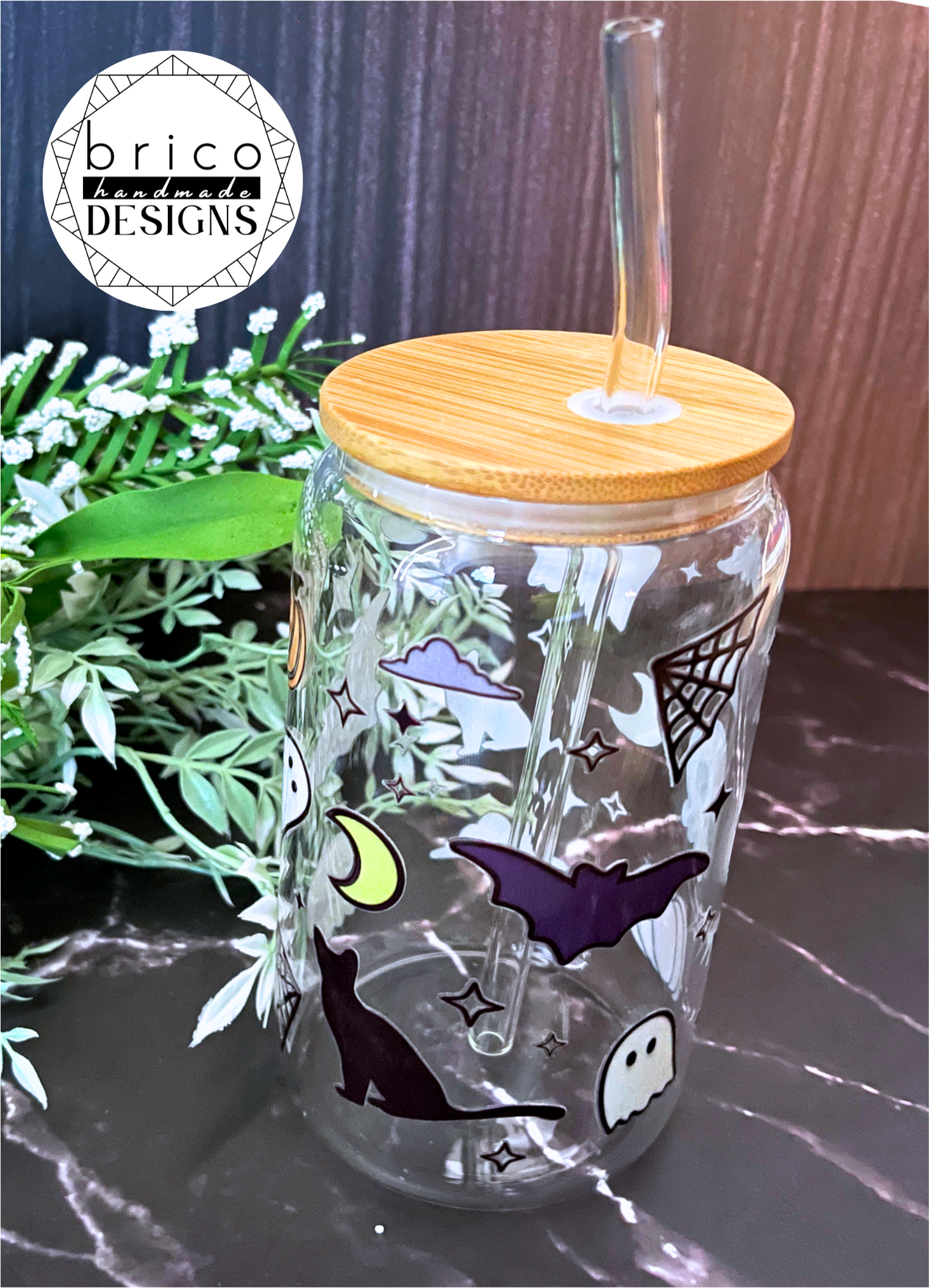 Spooky Halloween 16oz Glass Tumbler with Bamboo Lid & Straw