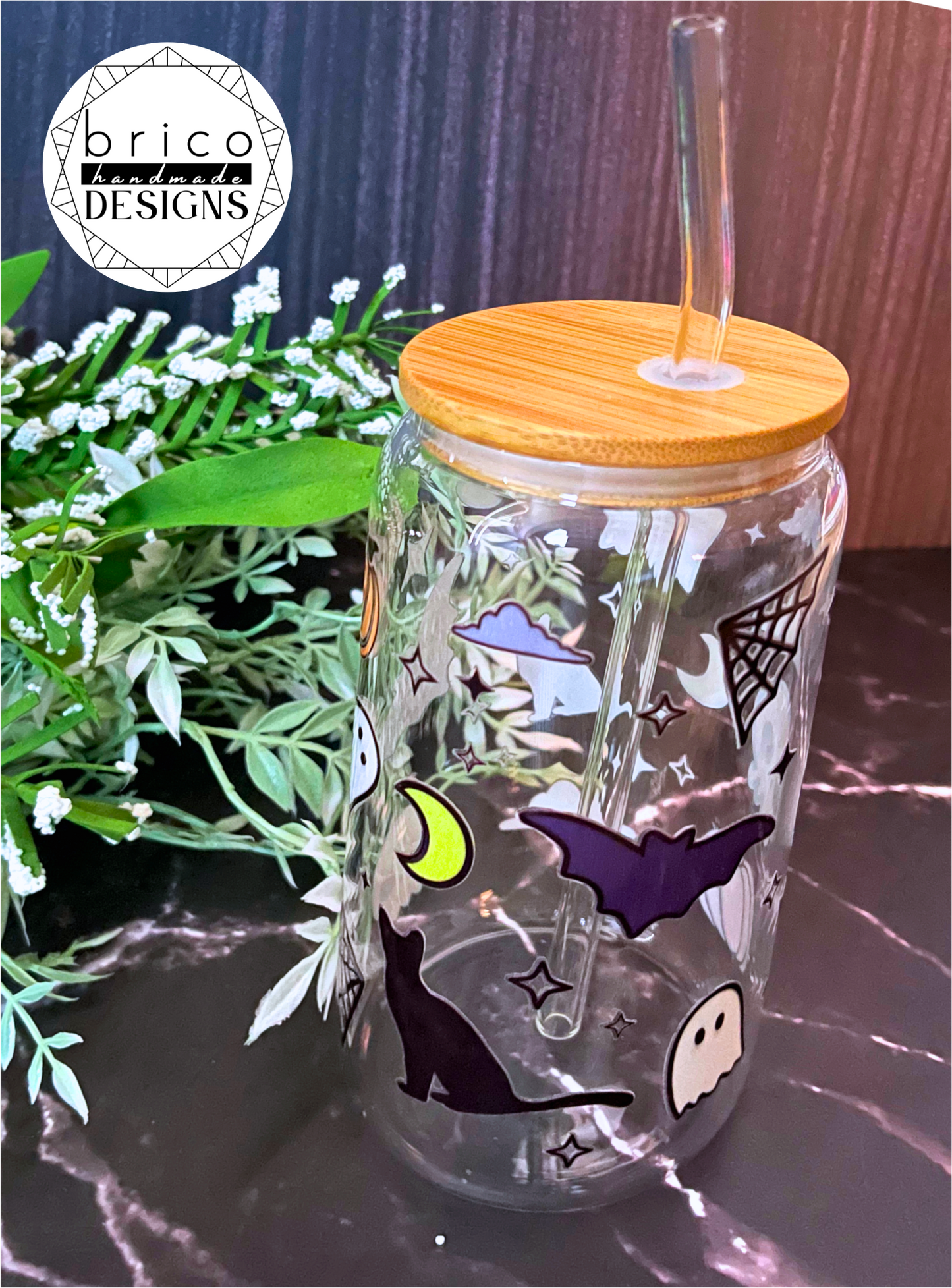Spooky Halloween 16oz Glass Tumbler with Bamboo Lid & Straw