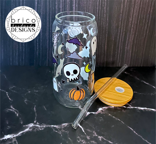 Halloween Glass Tumbler 16oz | Spooky Design Bamboo Lid Straw