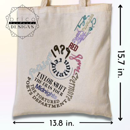 Taylor Swift Eras Tour Tote Bag – Album Titles in Shape of a Guitar Design