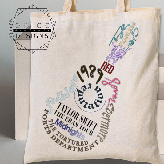 Taylor Swift Eras Tour Tote Bag – Album Titles in Shape of a Guitar Design