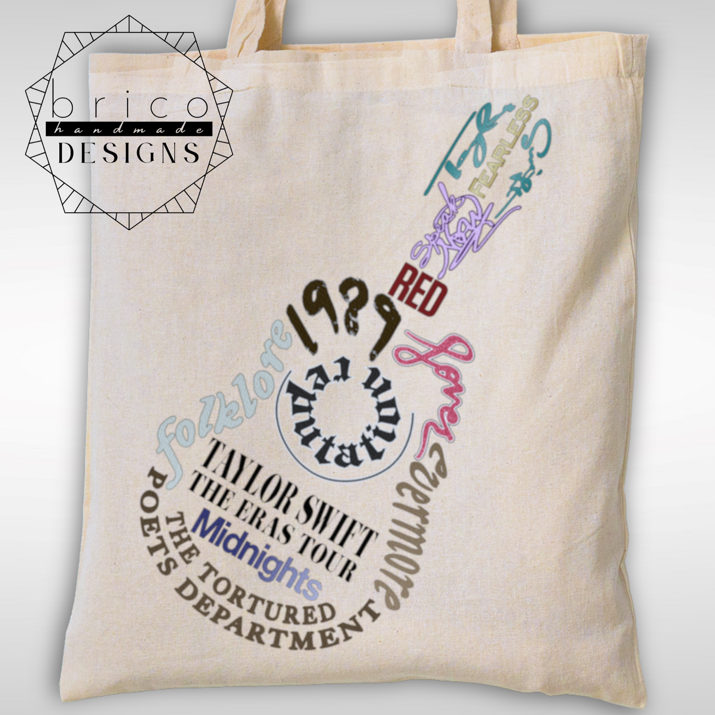 Taylor Swift Eras Tour Tote Bag – Album Titles in Shape of a Guitar Design