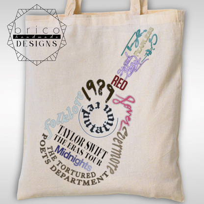 Taylor Swift Eras Tour Tote Bag – Album Titles in Shape of a Guitar Design