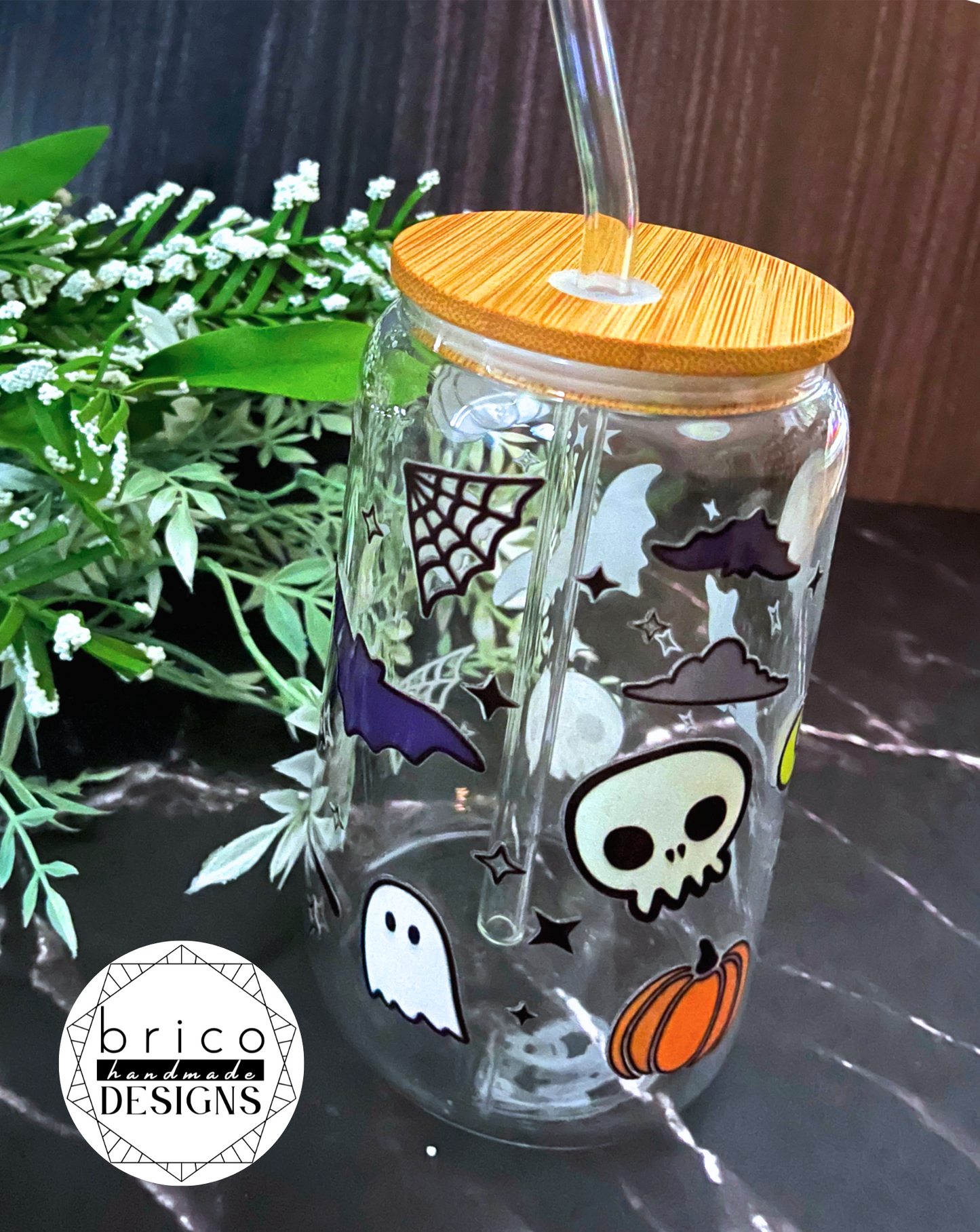 Spooky Halloween 16oz Glass Tumbler with Bamboo Lid & Straw