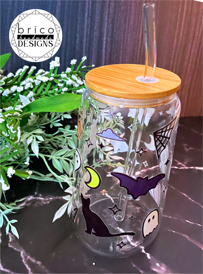 Spooky Halloween 16oz Glass Tumbler with Bamboo Lid & Straw