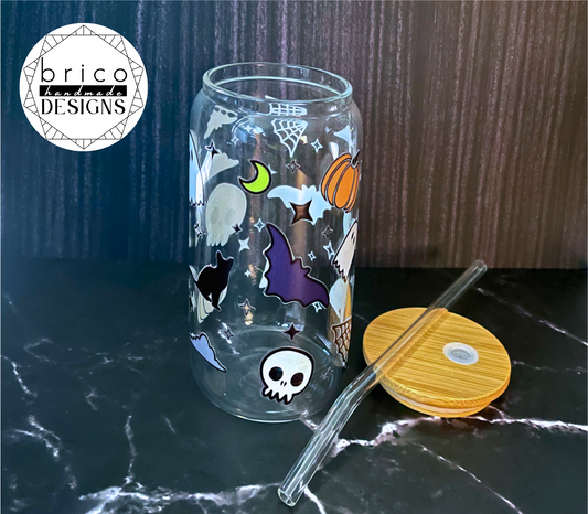 Spooky Halloween 16oz Glass Tumbler with Bamboo Lid & Straw