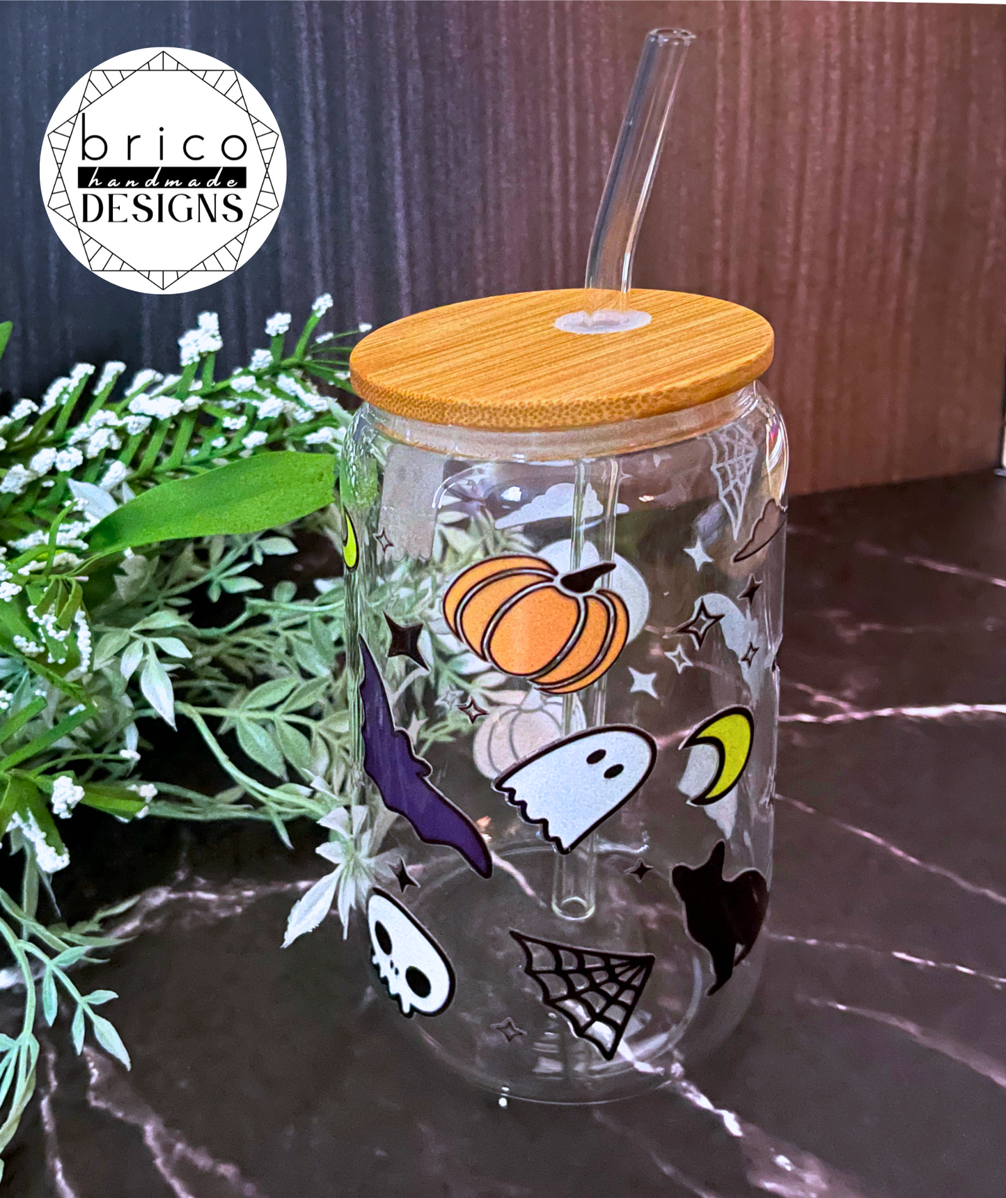 Spooky Halloween 16oz Glass Tumbler with Bamboo Lid & Straw