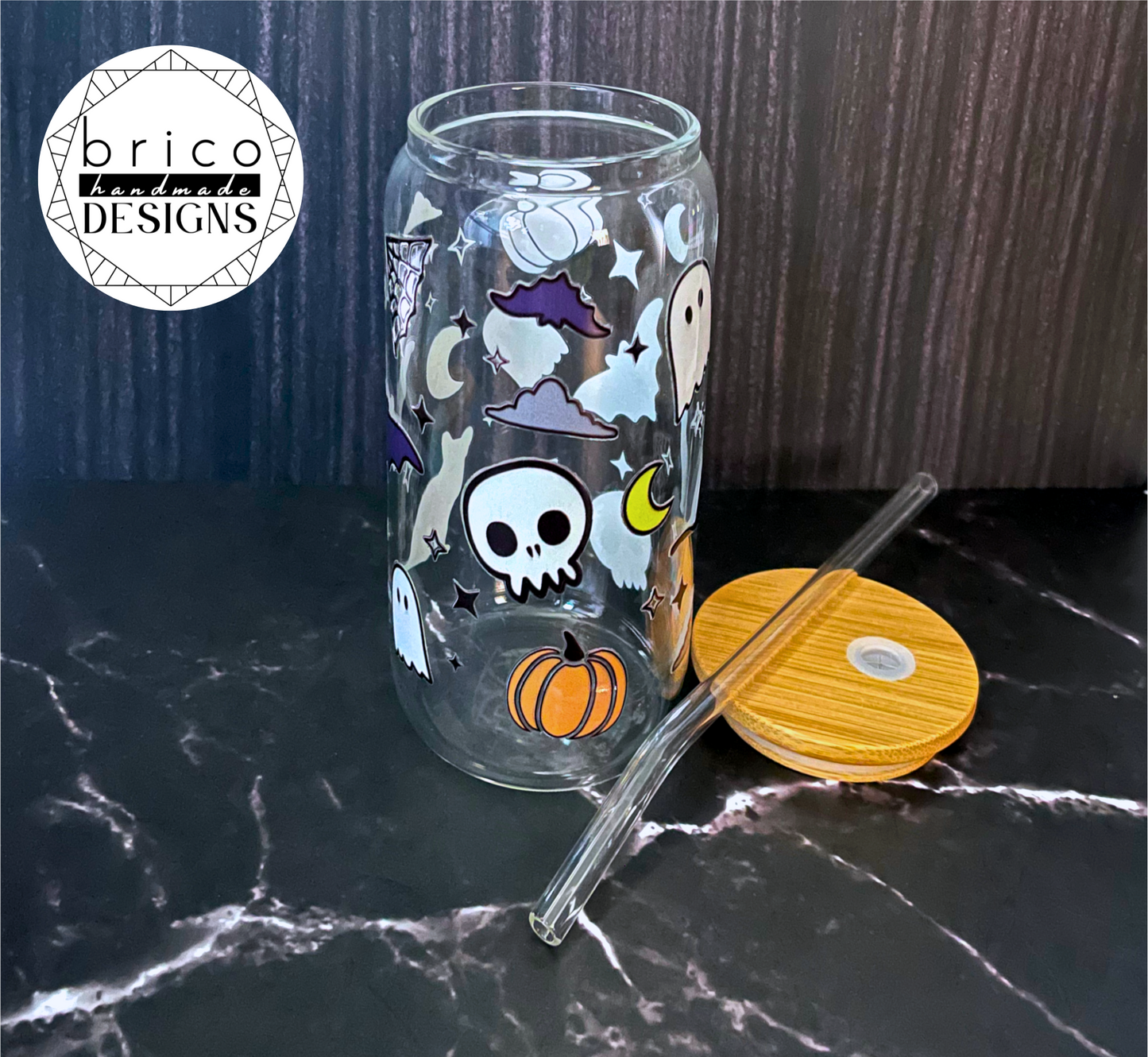 Spooky Halloween 16oz Glass Tumbler with Bamboo Lid & Straw