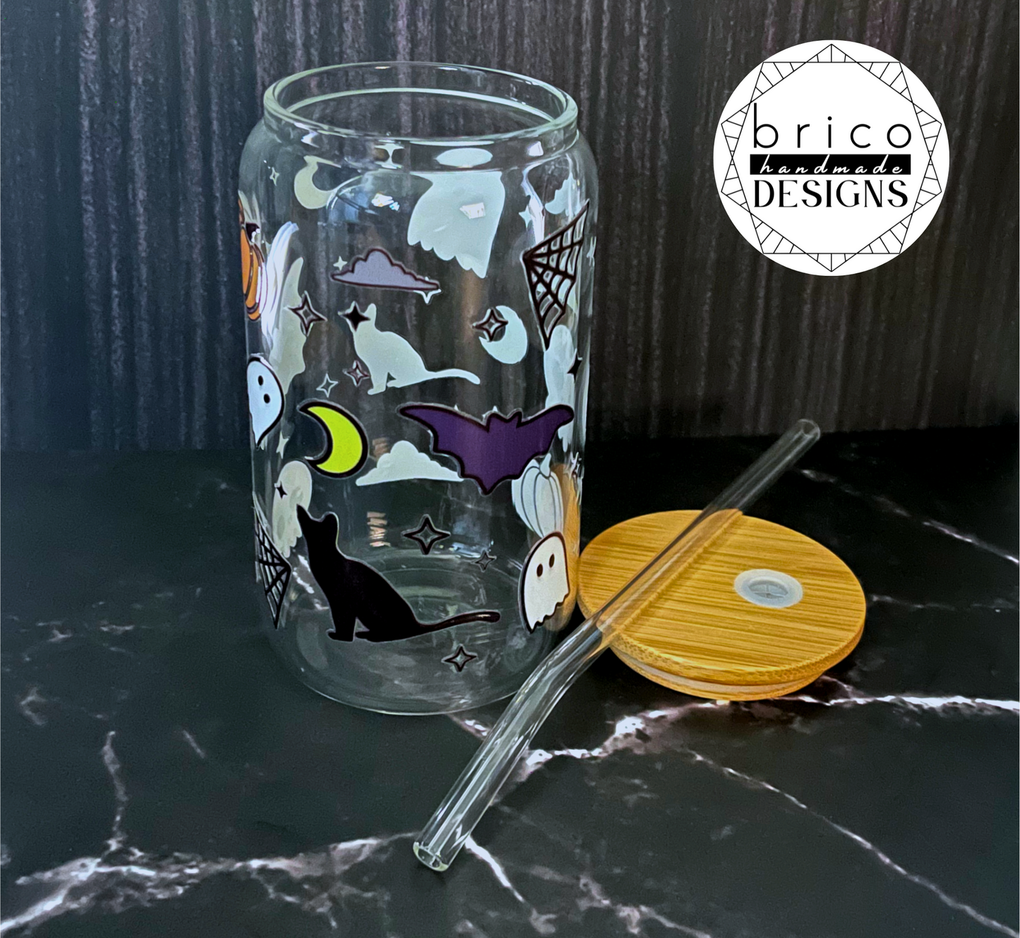 Spooky Halloween 16oz Glass Tumbler with Bamboo Lid & Straw